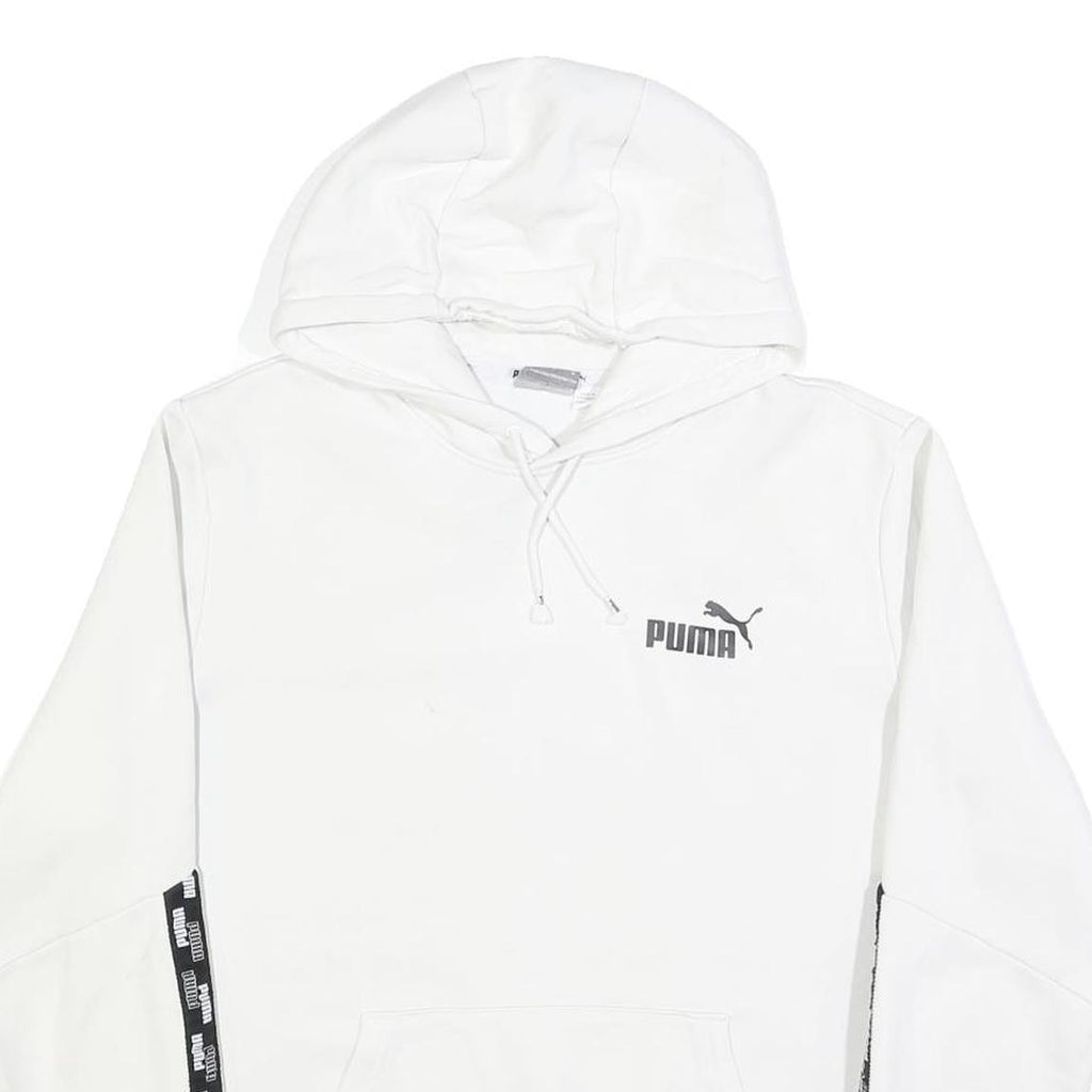 PUMA Mens White Hoodie M Cotton Blend Pullover Drawstring Logo Tape Detail