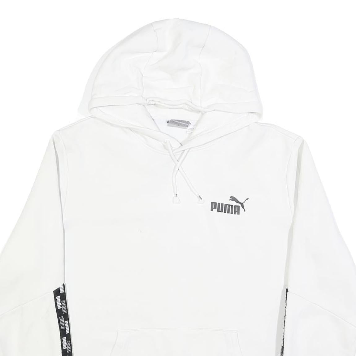 PUMA Mens White Hoodie M Cotton Blend Pullover Drawstring Logo Tape Detail