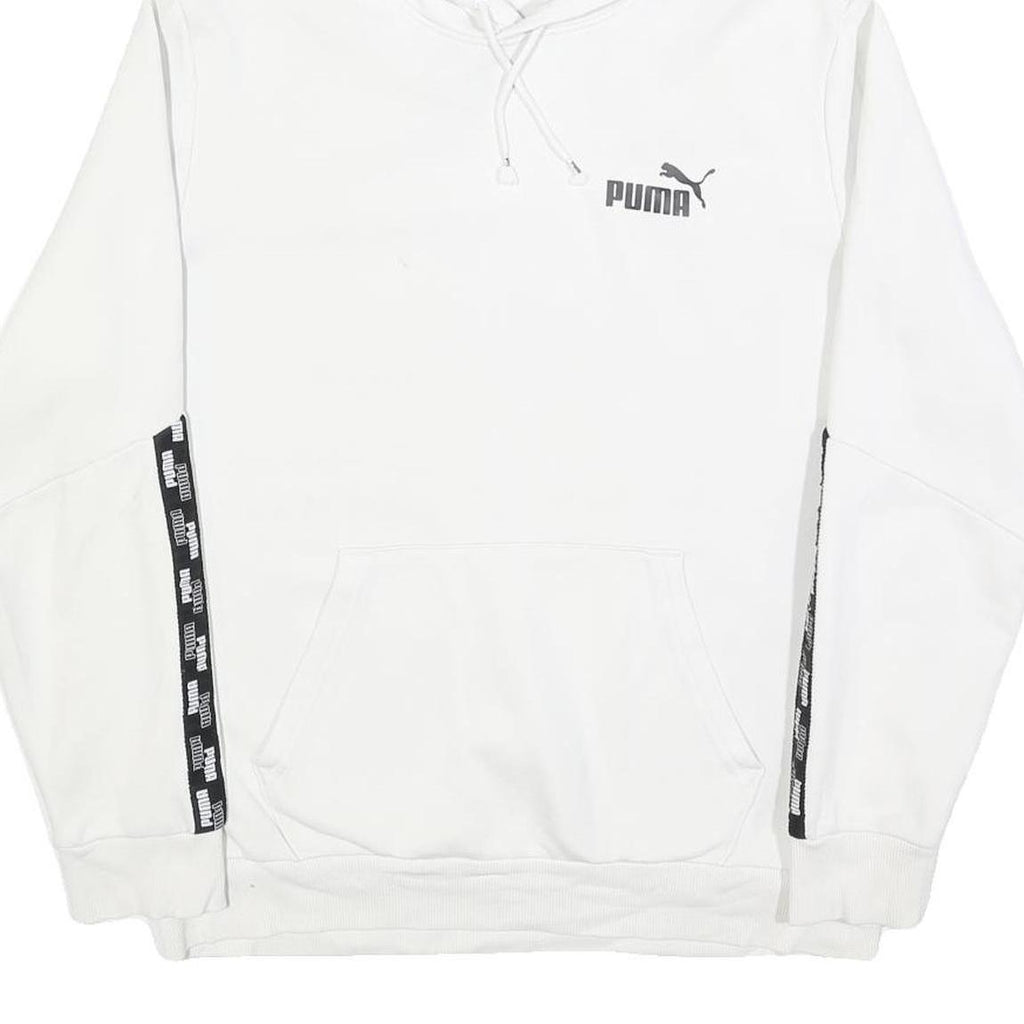 PUMA Mens White Hoodie M Cotton Blend Pullover Drawstring Logo Tape Detail