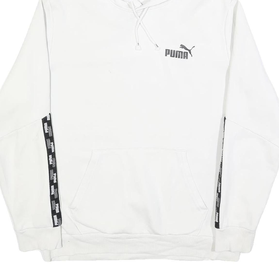PUMA Mens White Hoodie M Cotton Blend Pullover Drawstring Logo Tape Detail