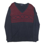 TOMMY HILFIGER Womens Blue & Red Patterned Jumper V-Neck Basic Knit XL Cotton