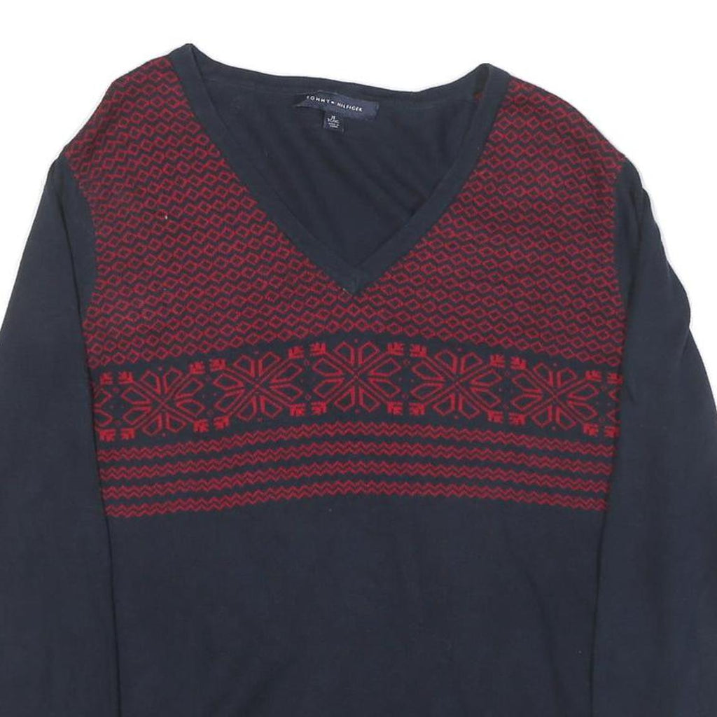 TOMMY HILFIGER Womens Blue & Red Patterned Jumper V-Neck Basic Knit XL Cotton