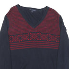 TOMMY HILFIGER Womens Blue & Red Patterned Jumper V-Neck Basic Knit XL Cotton