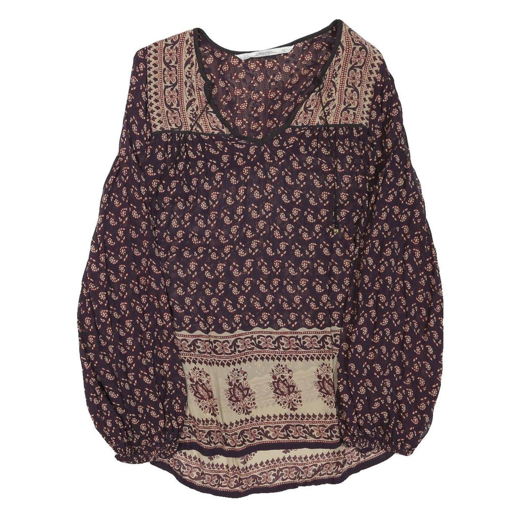 ZARA Womens Blue & Beige Printed Top Long Sleeve V-Neck XS Stylish Pattern