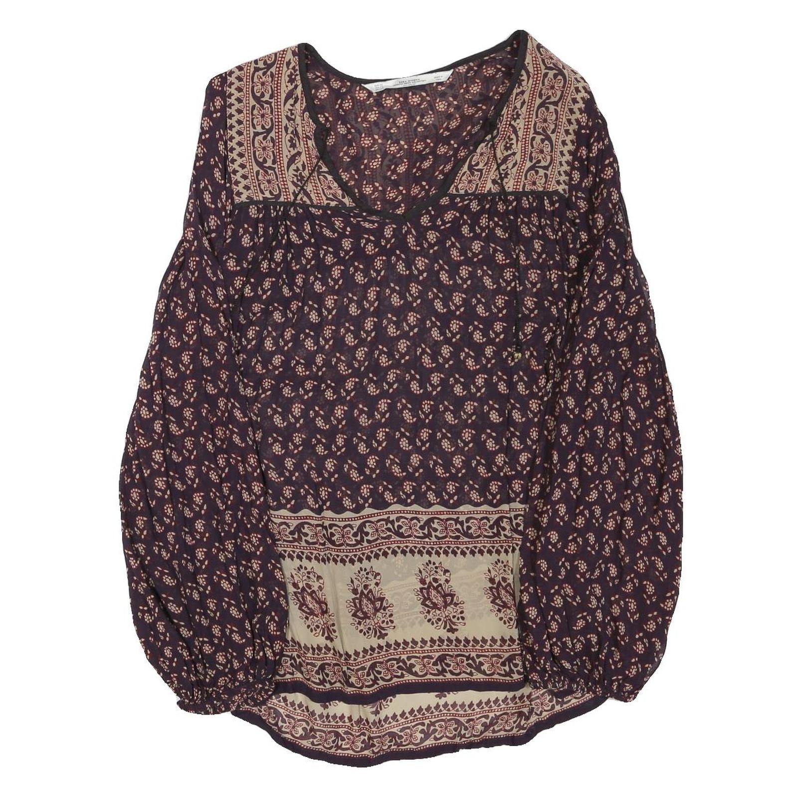 ZARA Womens Blue & Beige Printed Top Long Sleeve V-Neck XS Stylish Pattern