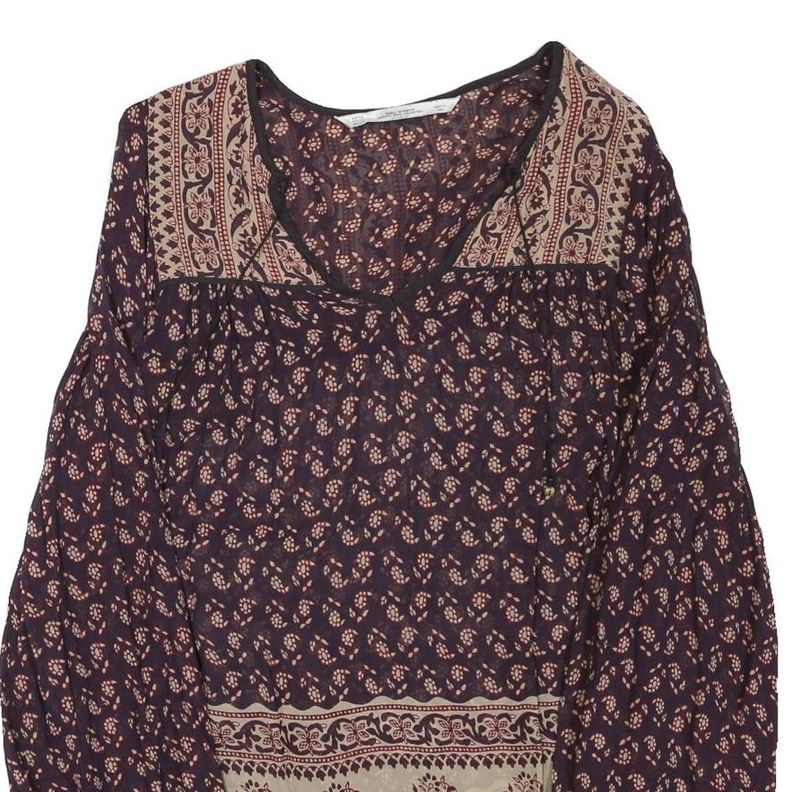 ZARA Womens Blue & Beige Printed Top Long Sleeve V-Neck XS Stylish Pattern