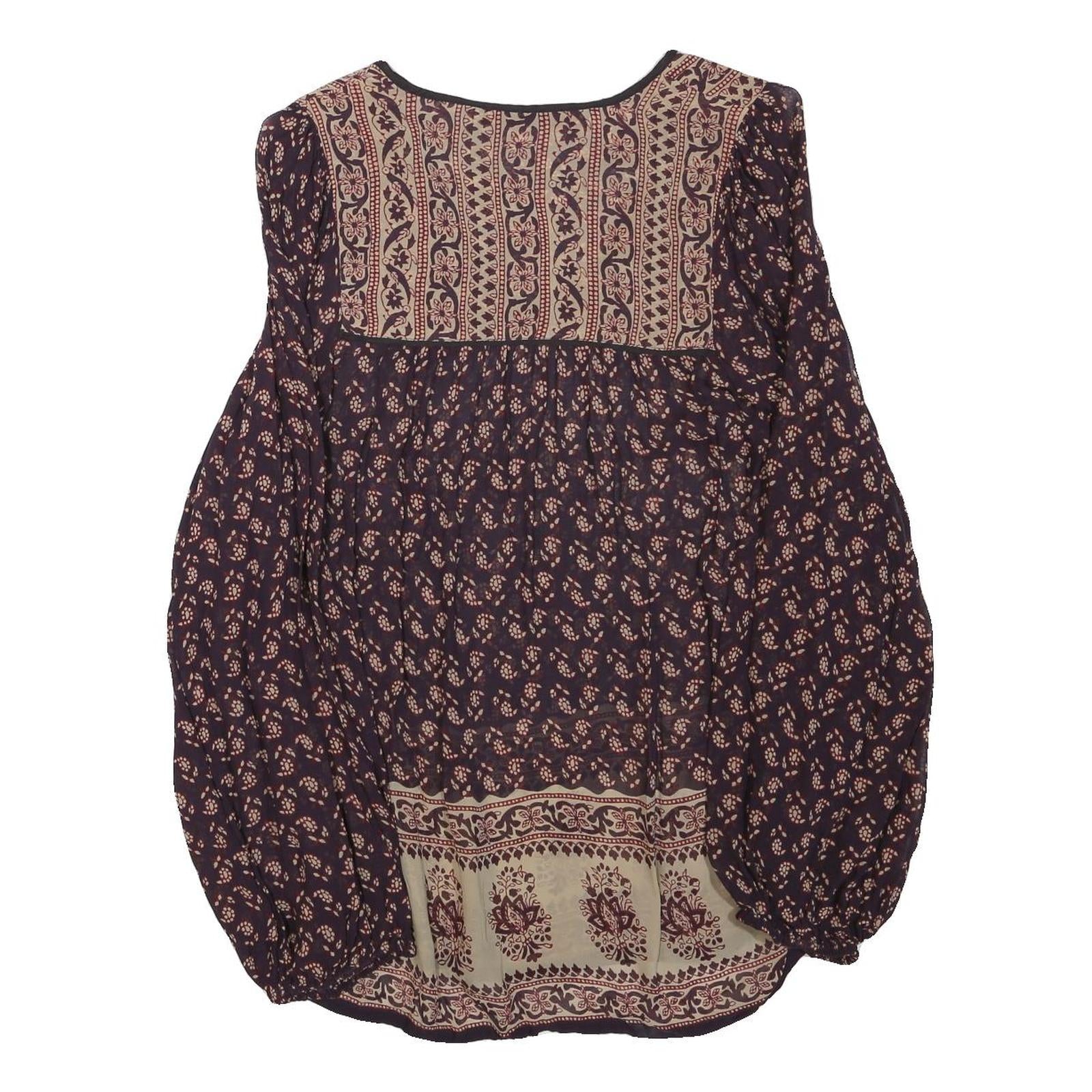 ZARA Womens Blue & Beige Printed Top Long Sleeve V-Neck XS Stylish Pattern