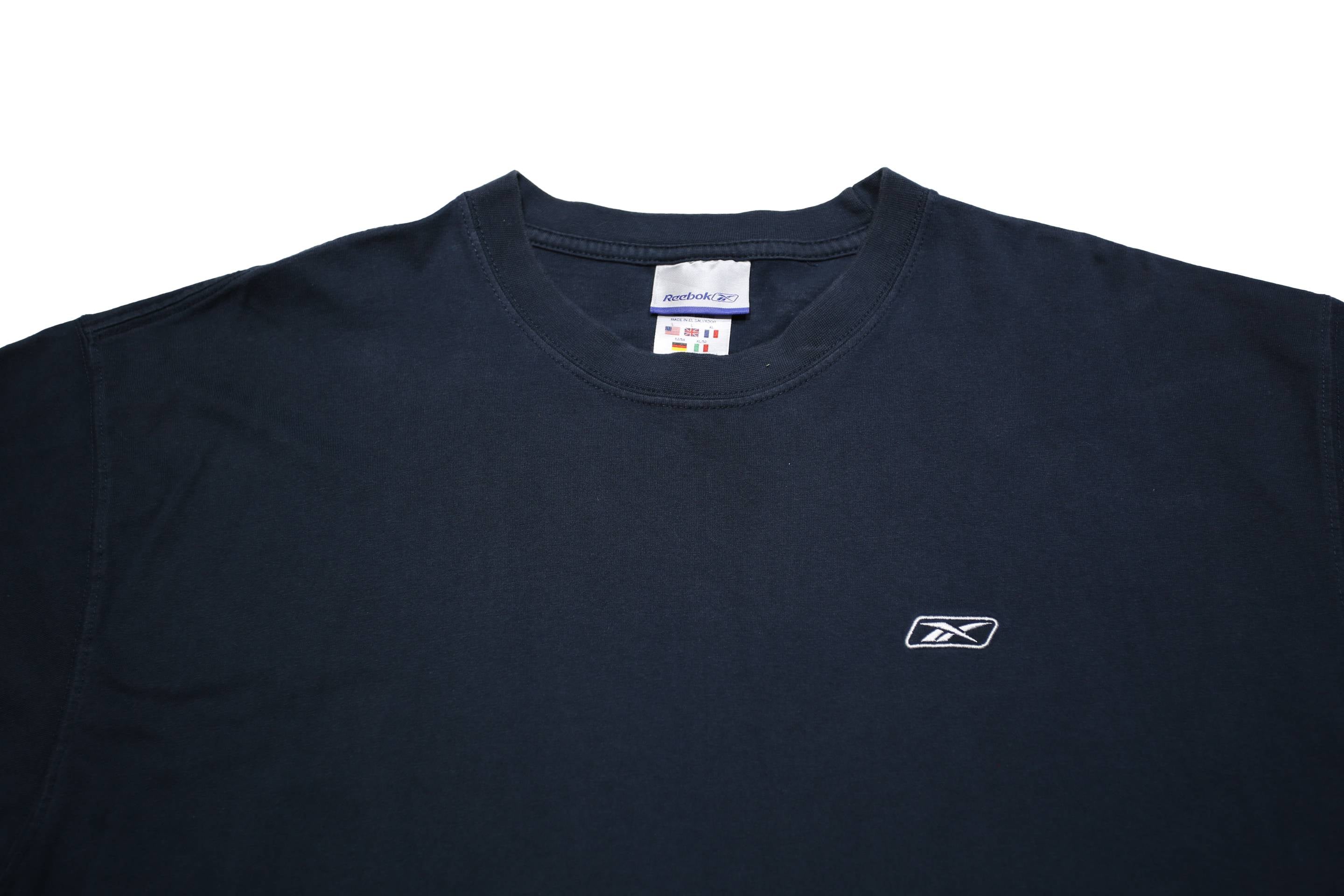 REEBOK Mens Navy Blue Logo Graphic T-Shirt L Short Sleeve Crew Neck Cotton