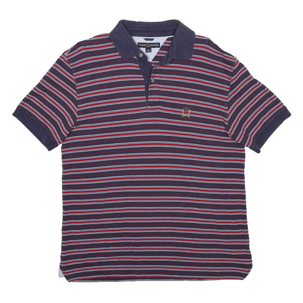 TOMMY HILFIGER Mens Blue & Red Striped Short Sleeve Polo Shirt M Cotton Casual