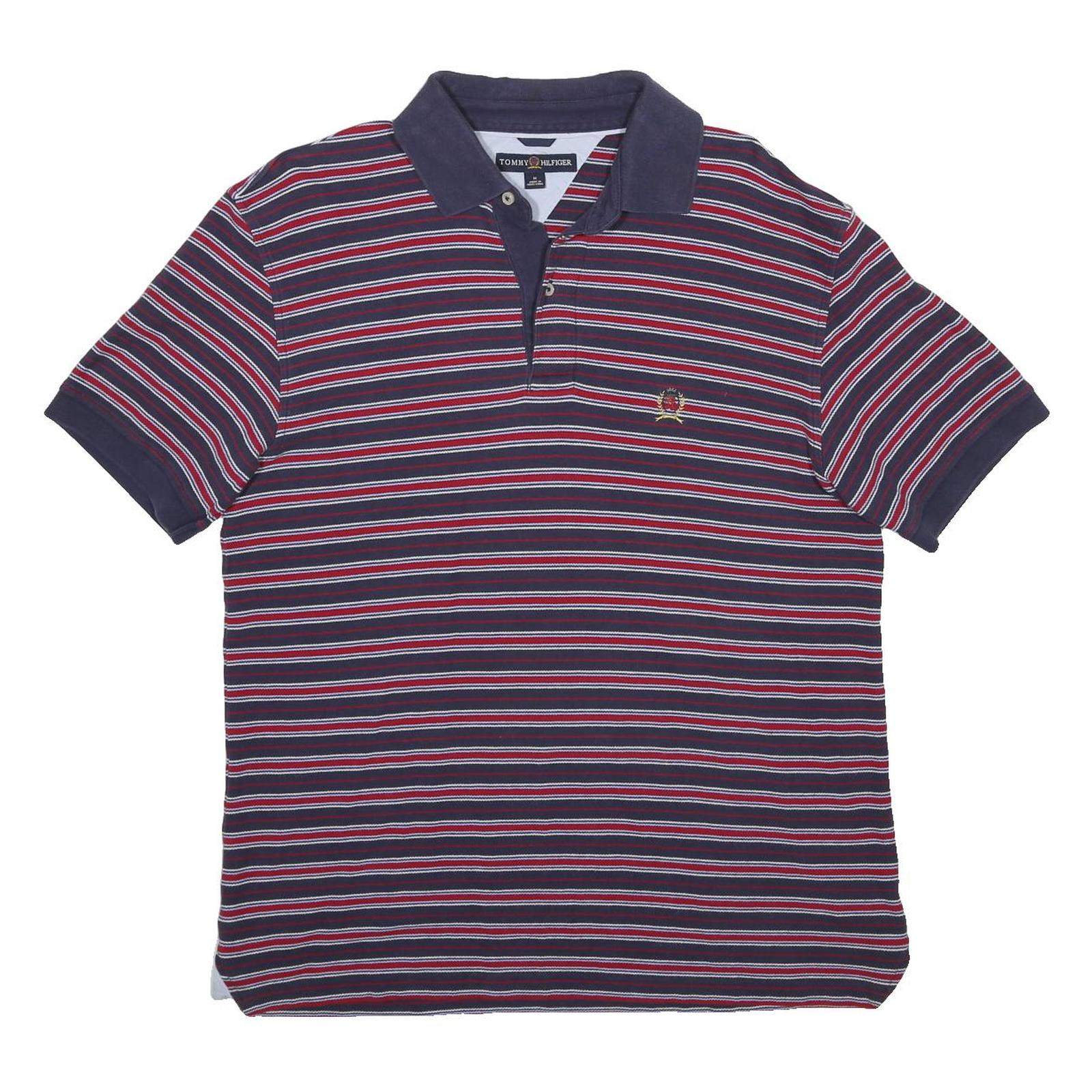 TOMMY HILFIGER Mens Blue & Red Striped Short Sleeve Polo Shirt M Cotton Casual