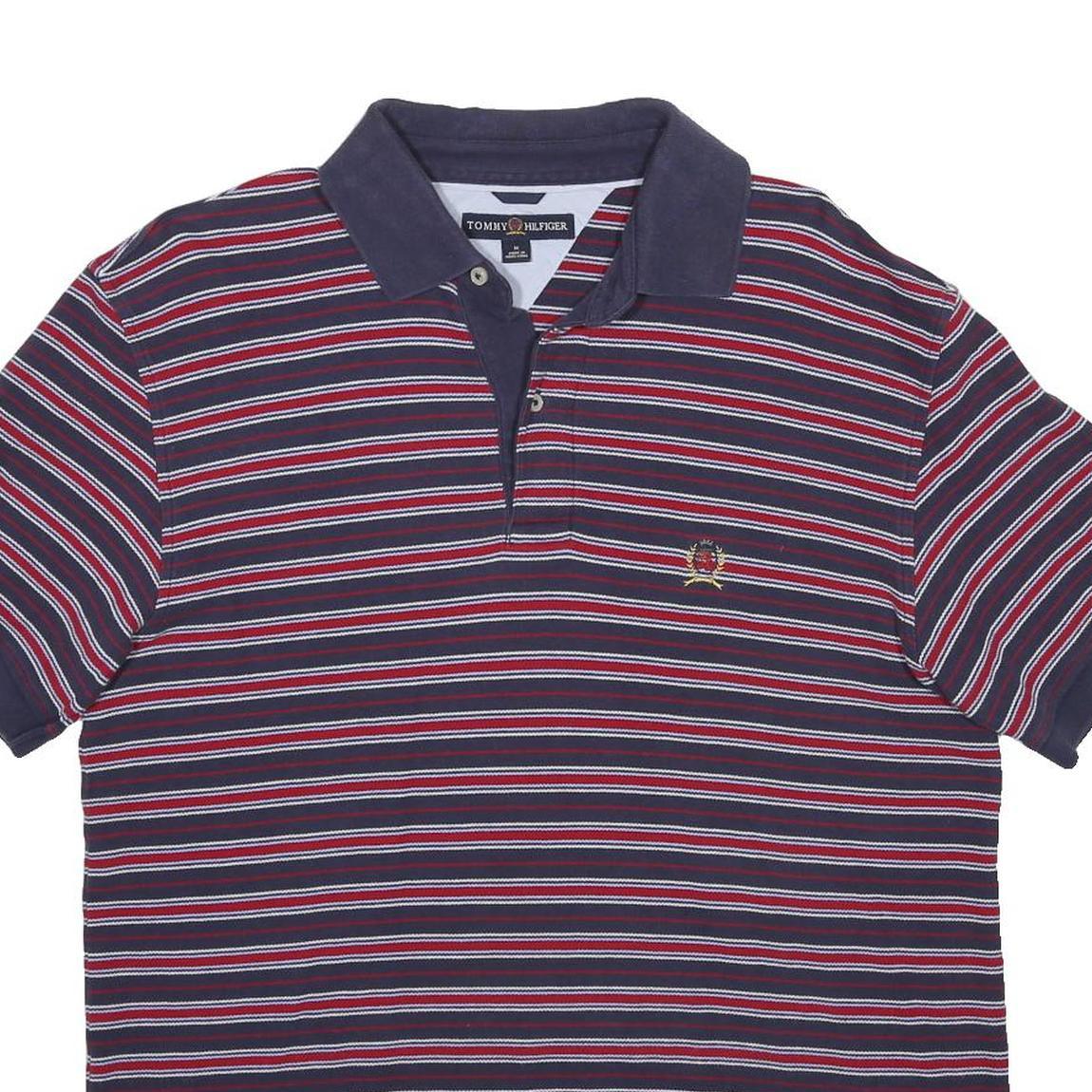 TOMMY HILFIGER Mens Blue & Red Striped Short Sleeve Polo Shirt M Cotton Casual
