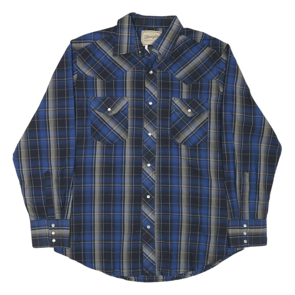 WRANGLER Mens Blue & Black Check Shirt L Western Style Long Sleeve Cotton Blend