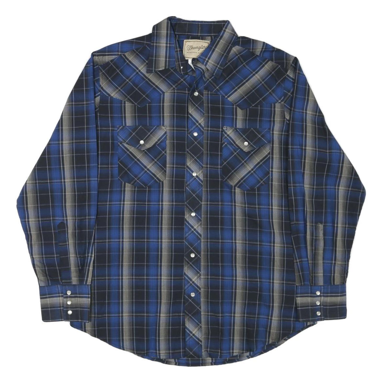 WRANGLER Mens Blue & Black Check Shirt L Western Style Long Sleeve Cotton Blend