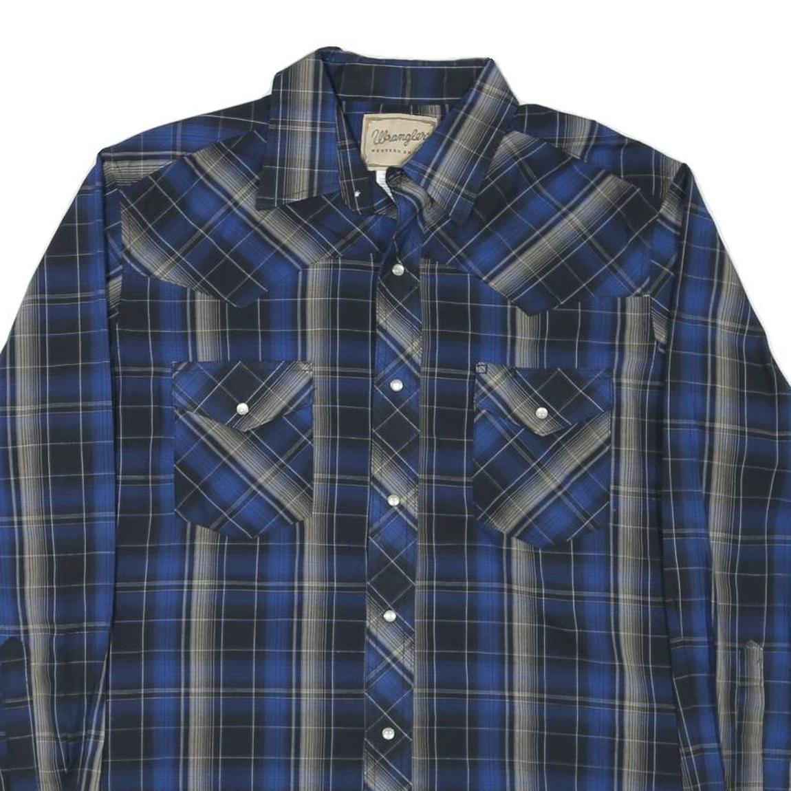 WRANGLER Mens Blue & Black Check Shirt L Western Style Long Sleeve Cotton Blend