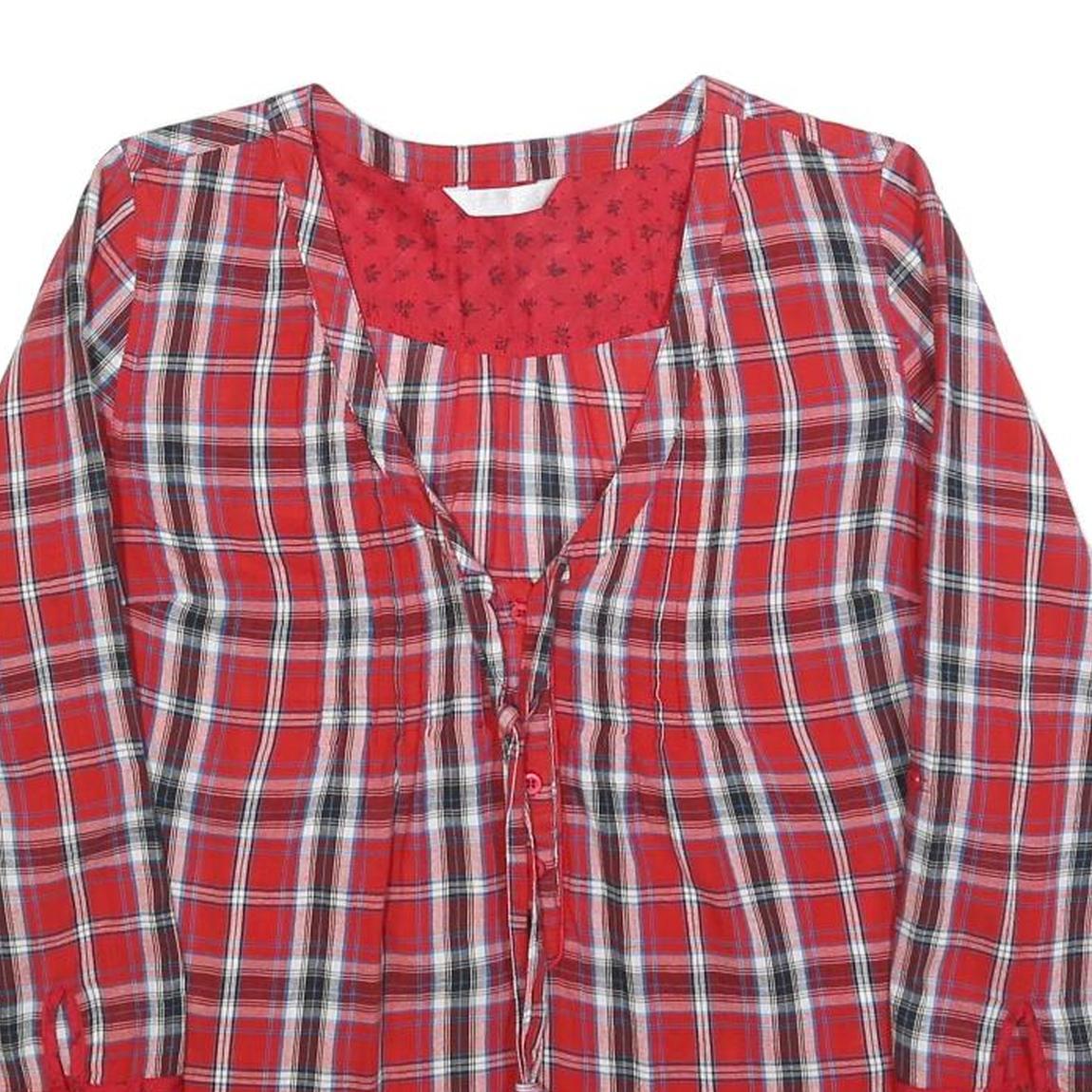 PROMOD Womens Red Checked Printed Blouse Long Sleeve Round Neck UK 12 Casual