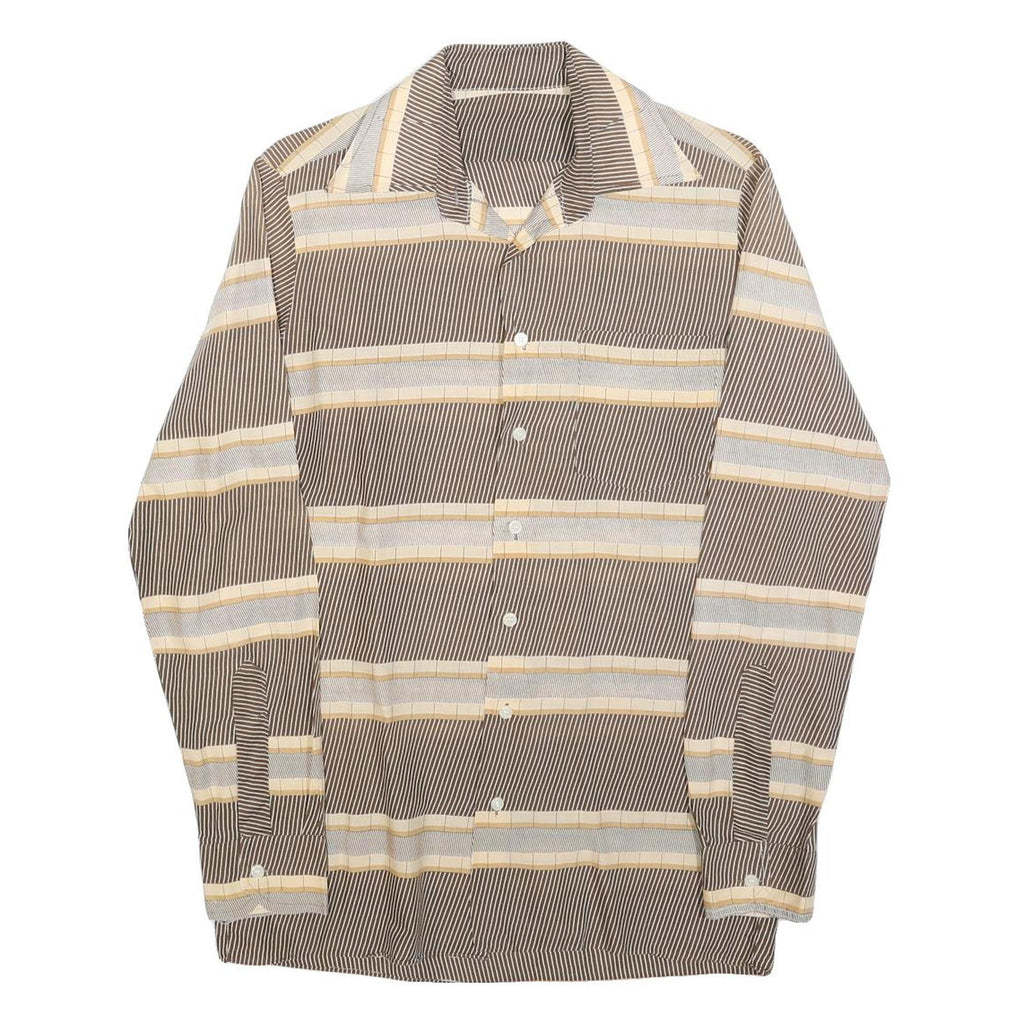 Mens Brown & Cream Striped Cotton Blend Shirt M Long Sleeve Button Closure
