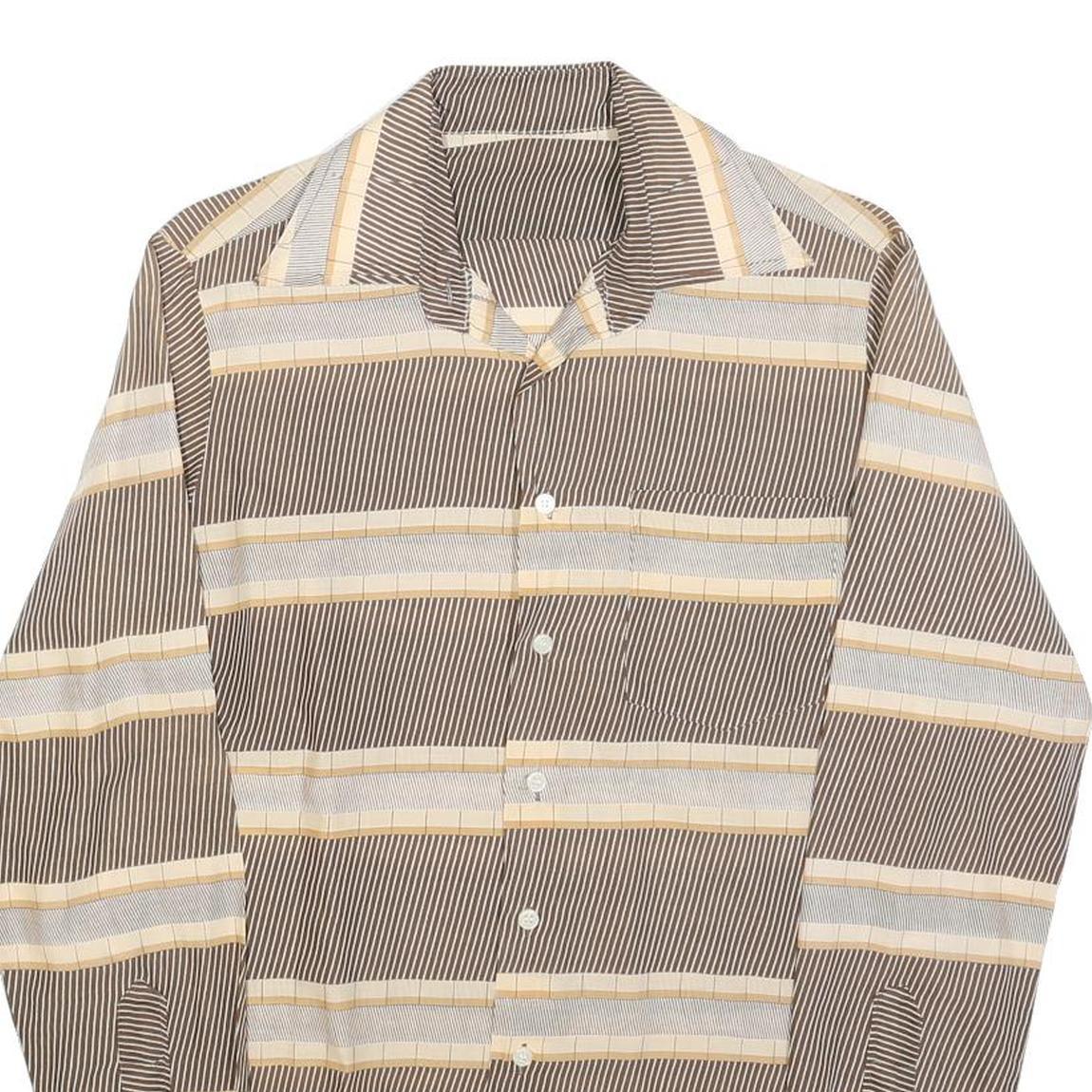 Mens Brown & Cream Striped Cotton Blend Shirt M Long Sleeve Button Closure