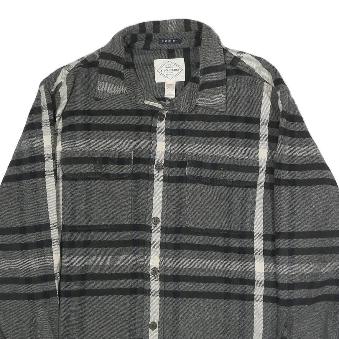 ST JOHNS BAY Mens Grey & Black Check Shirt XL Classic Fit Cotton Blend Long