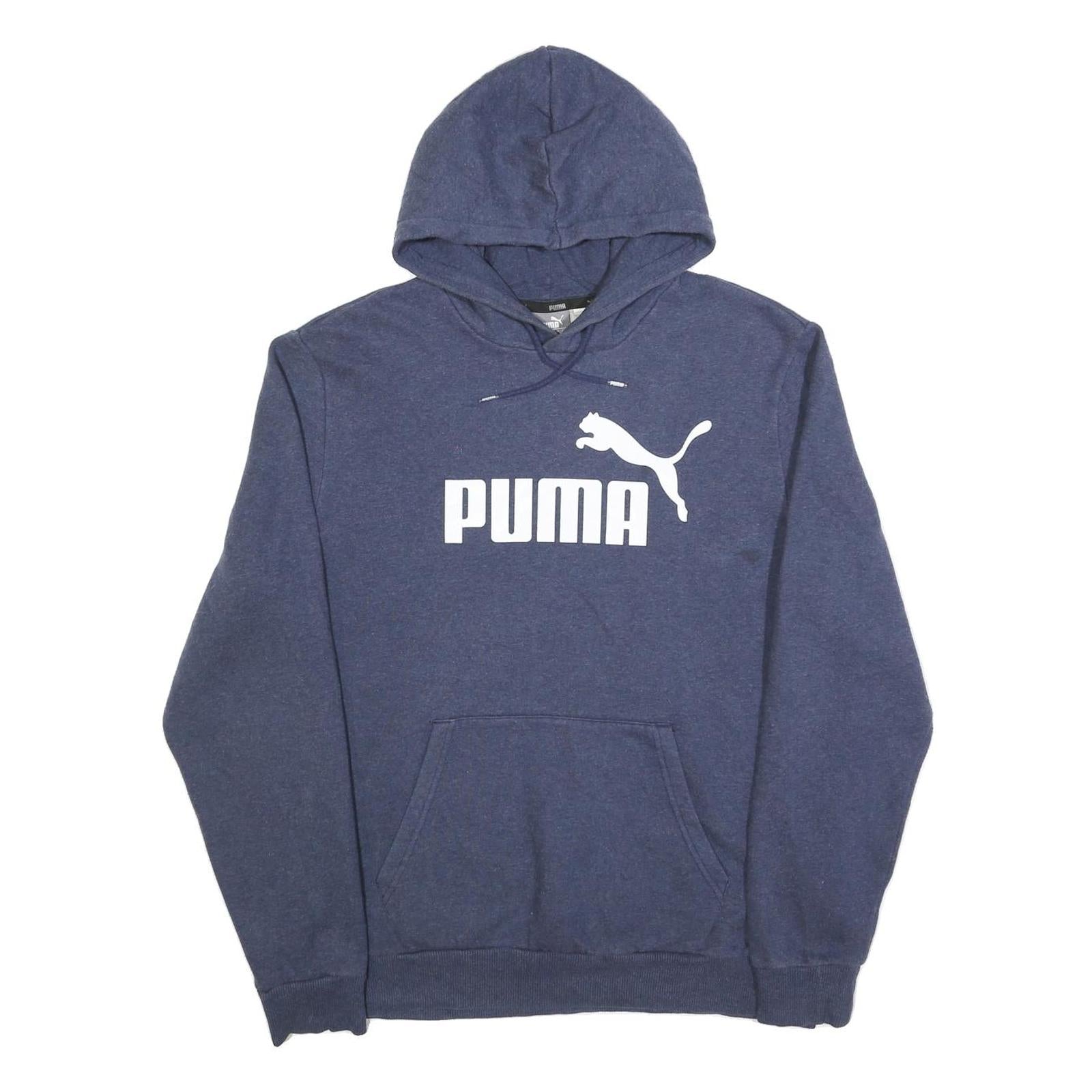 PUMA Mens Blue Hoodie L Cotton Blend Pullover Logo Print Casual