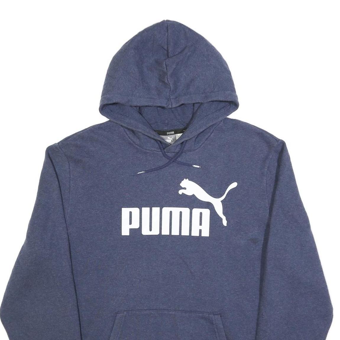 PUMA Mens Blue Hoodie L Cotton Blend Pullover Logo Print Casual
