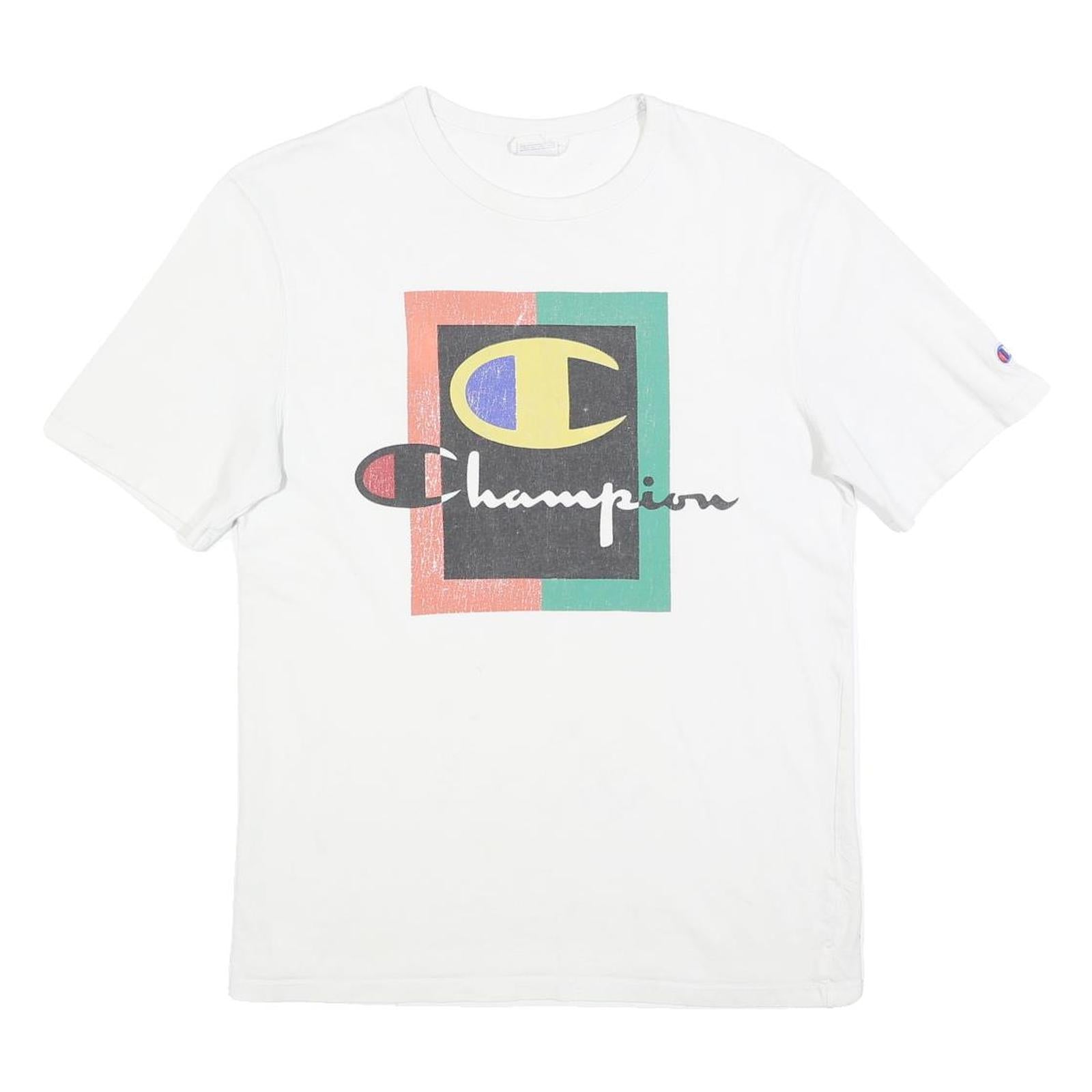 CHAMPION Mens White Graphic T-Shirt M Short Sleeve Crew Neck Cotton Blend
