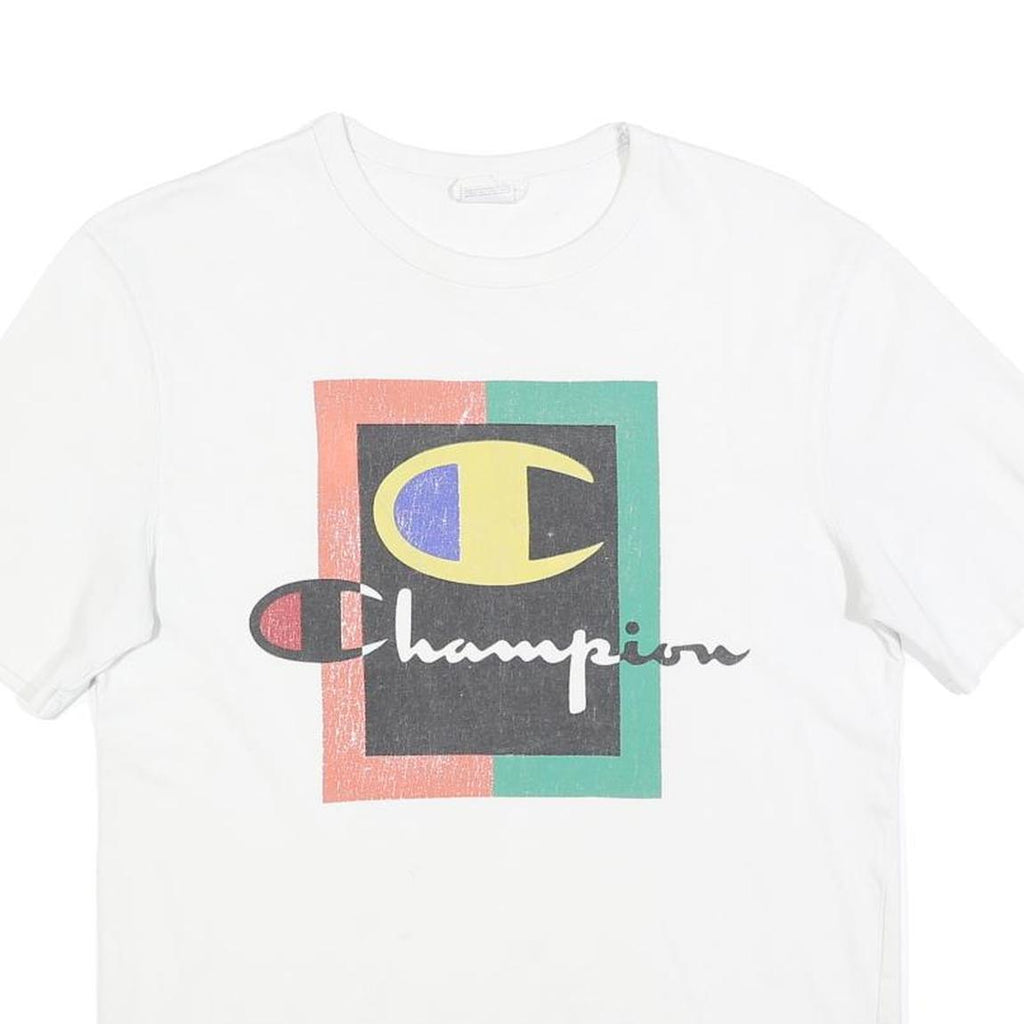 CHAMPION Mens White Graphic T-Shirt M Short Sleeve Crew Neck Cotton Blend