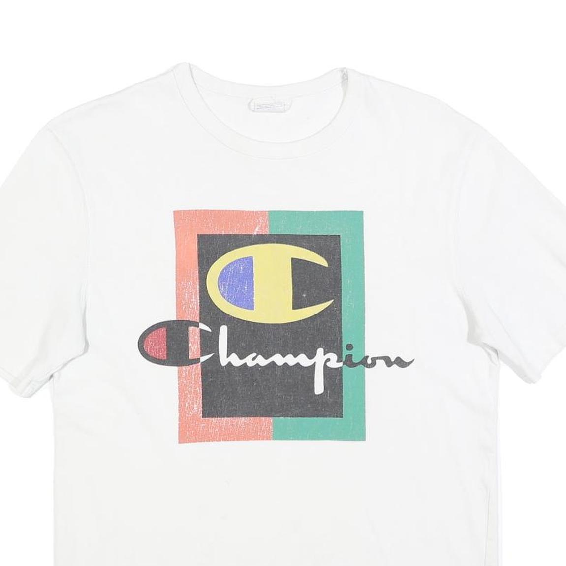 CHAMPION Mens White Graphic T-Shirt M Short Sleeve Crew Neck Cotton Blend