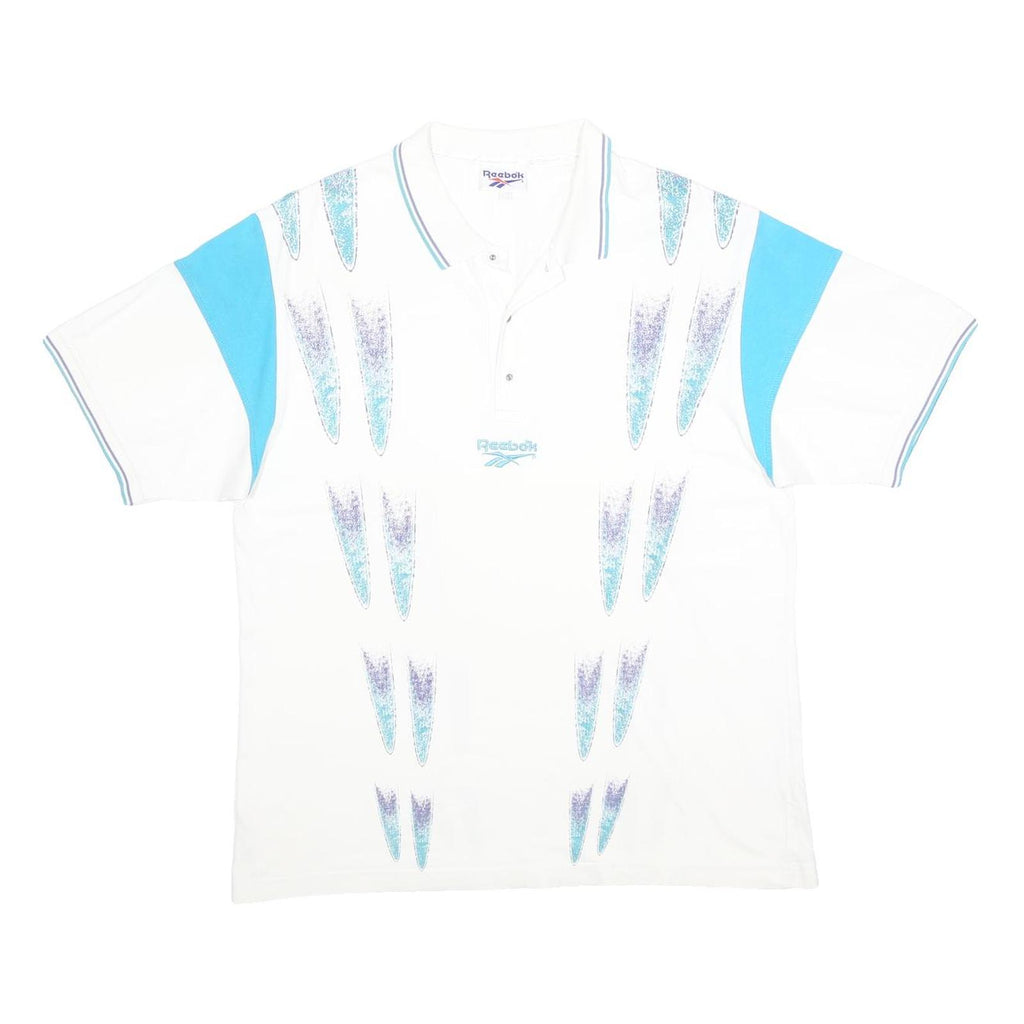 REEBOK Mens White & Blue Abstract Print Short Sleeve Polo Shirt L Casual