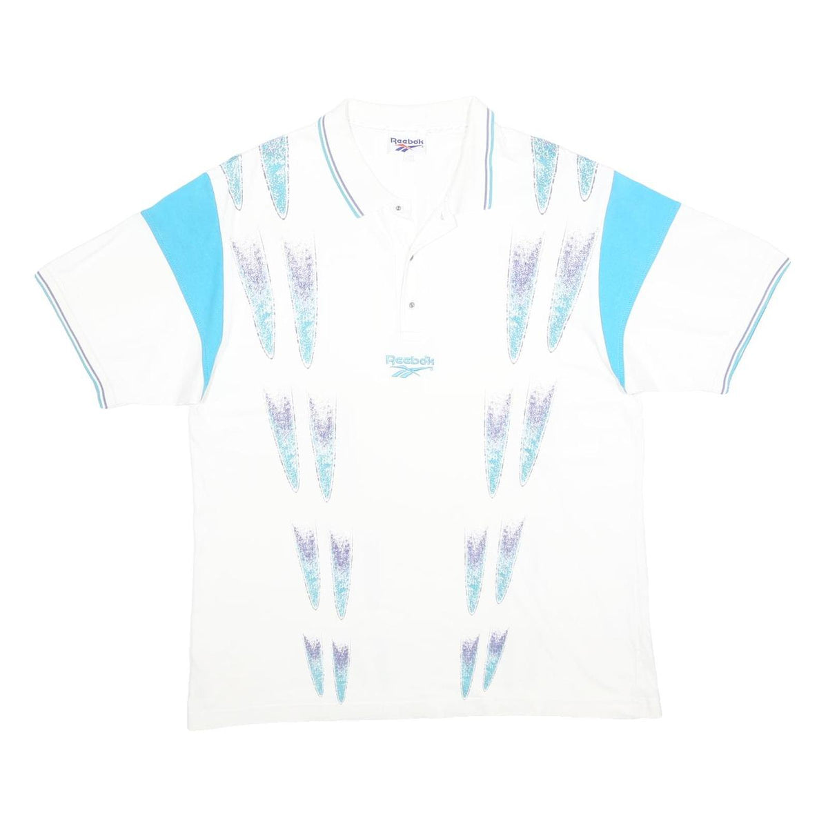 REEBOK Mens White & Blue Abstract Print Short Sleeve Polo Shirt L Casual