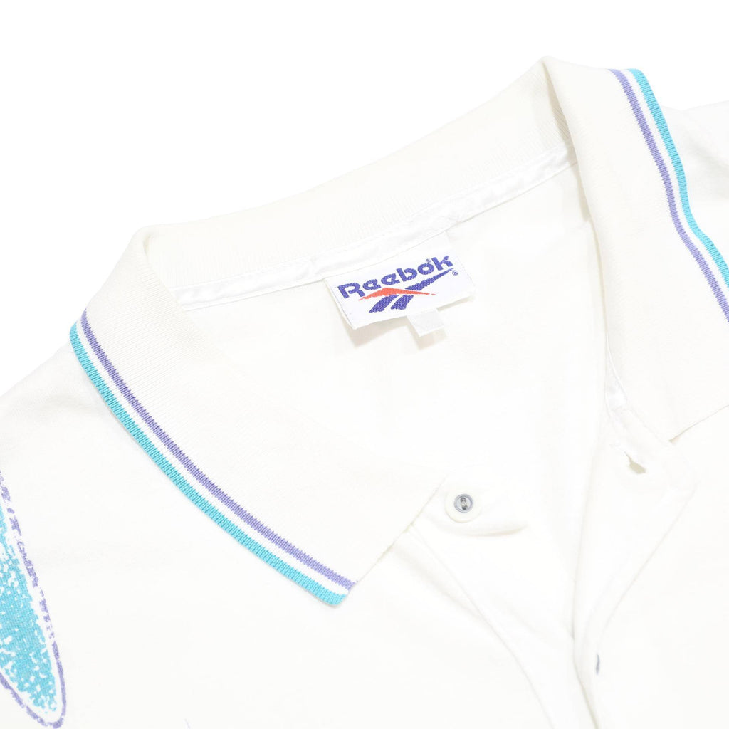 REEBOK Mens White & Blue Abstract Print Short Sleeve Polo Shirt L Casual