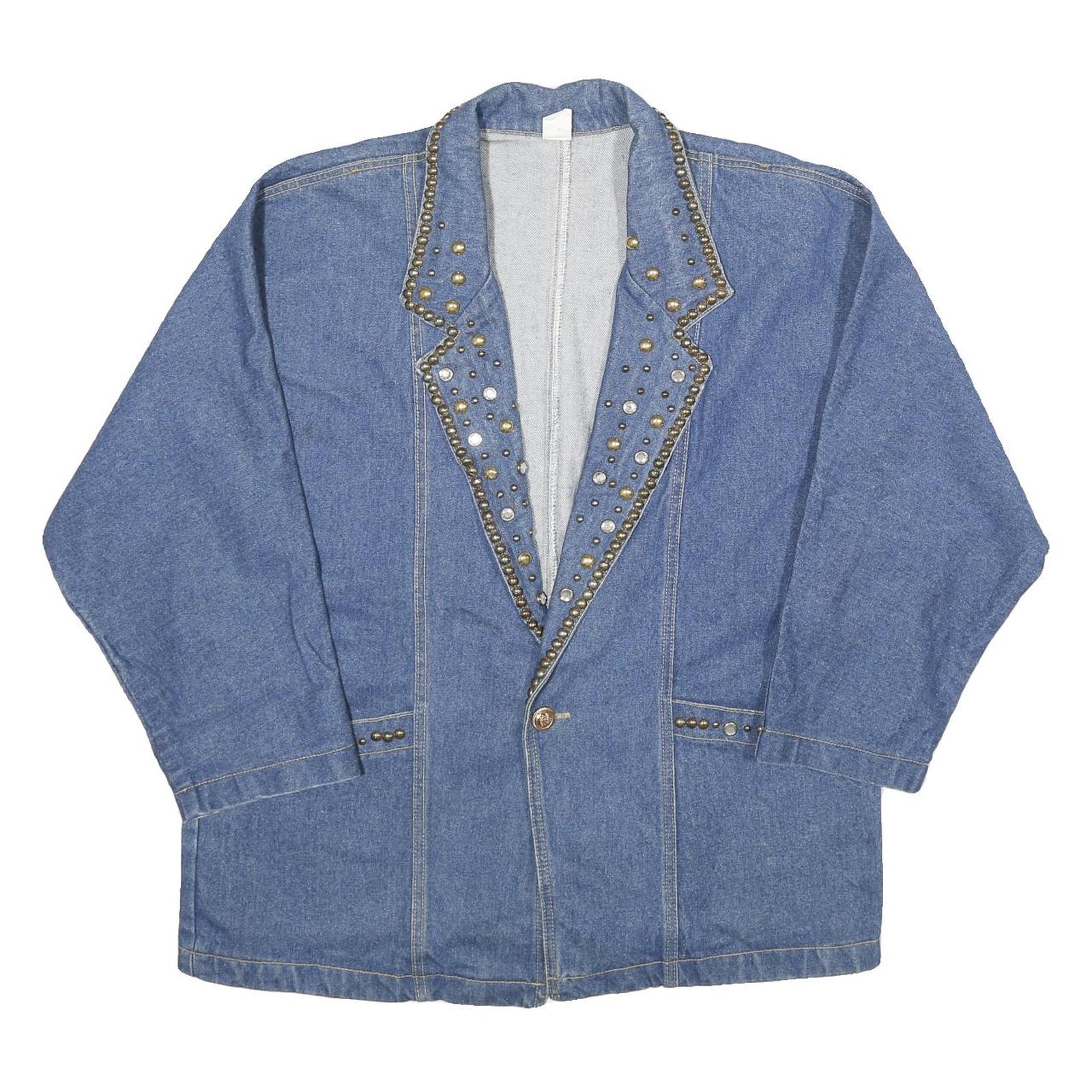Womens Blue Denim Stud Detail Button Jacket L Cotton Classic Relaxed