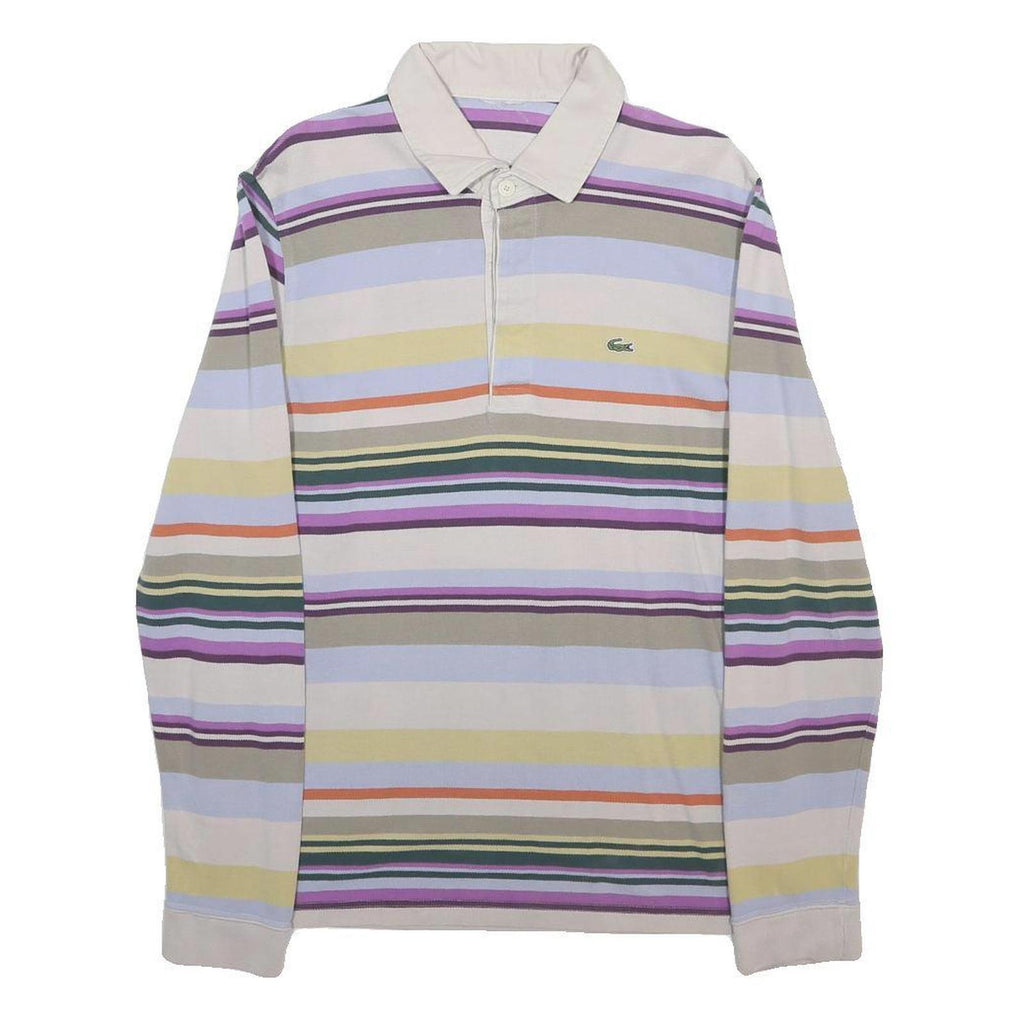 LACOSTE Mens Cream & Multicolour Striped Long Sleeve Polo Shirt M Cotton Blend