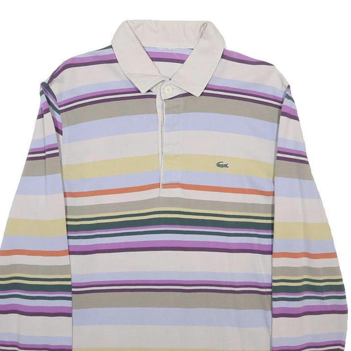 LACOSTE Mens Cream & Multicolour Striped Long Sleeve Polo Shirt M Cotton Blend