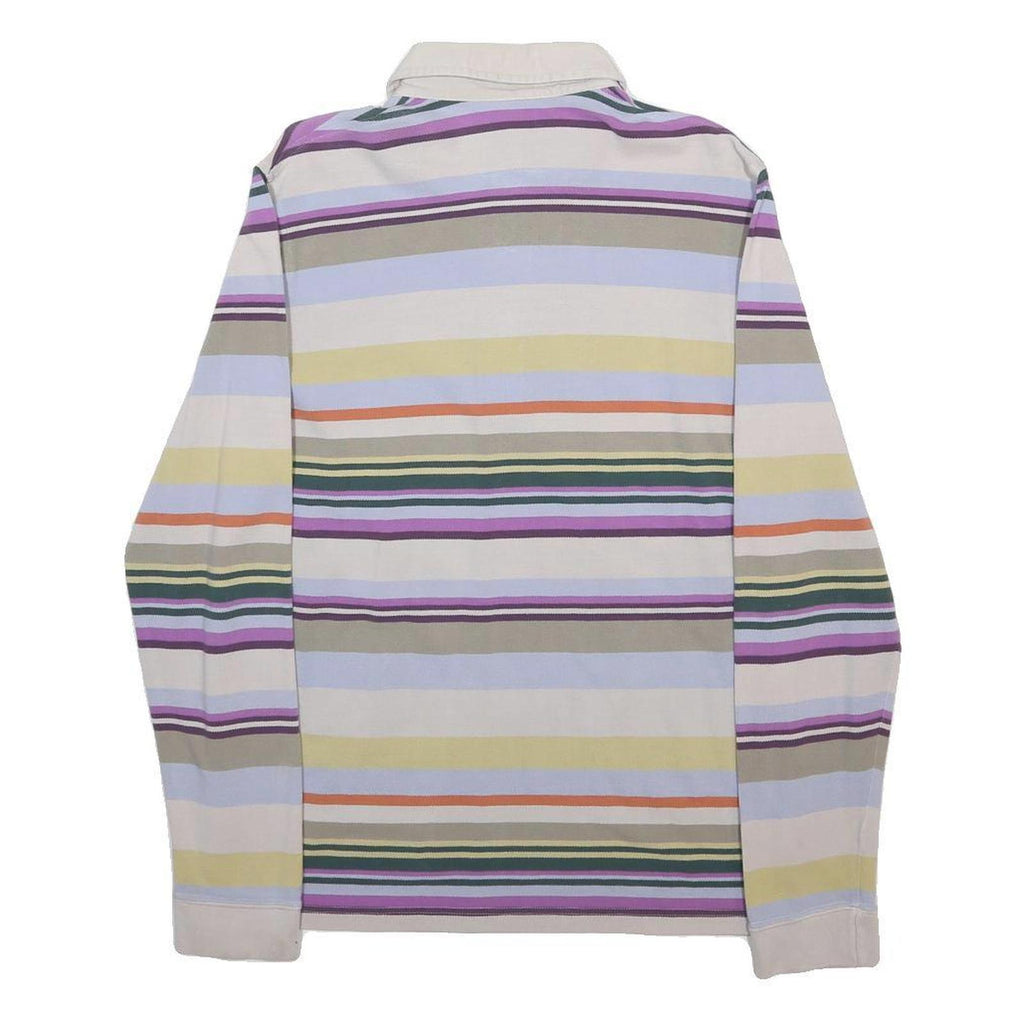 LACOSTE Mens Cream & Multicolour Striped Long Sleeve Polo Shirt M Cotton Blend