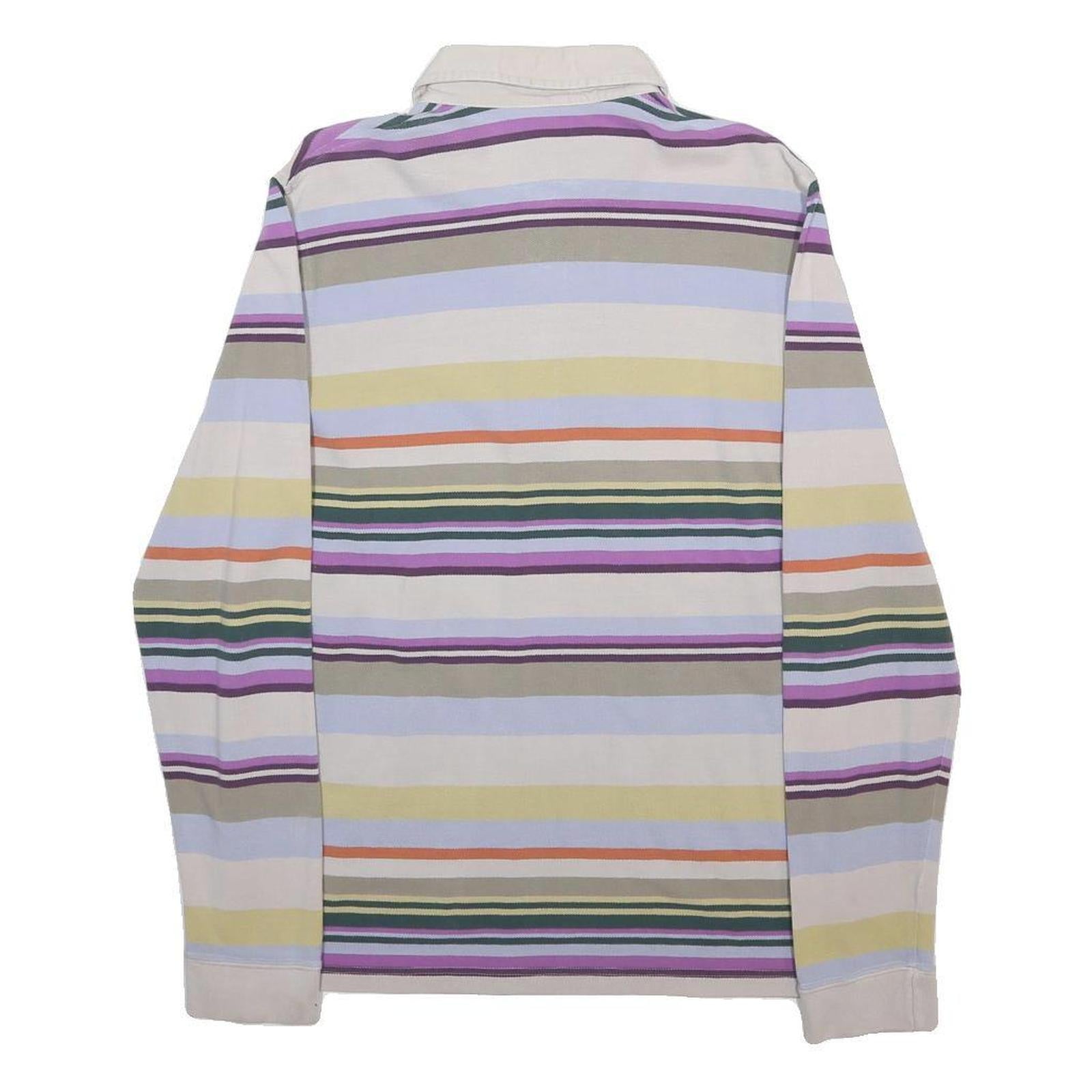LACOSTE Mens Cream & Multicolour Striped Long Sleeve Polo Shirt M Cotton Blend