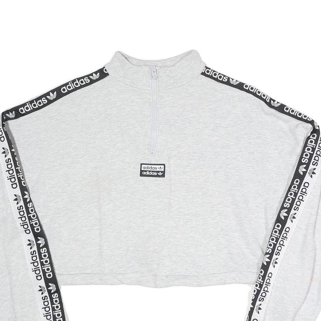 ADIDAS Womens Grey Sweatshirt 1/4 Zip Crop Top UK 8 Sportswear Logo Tape