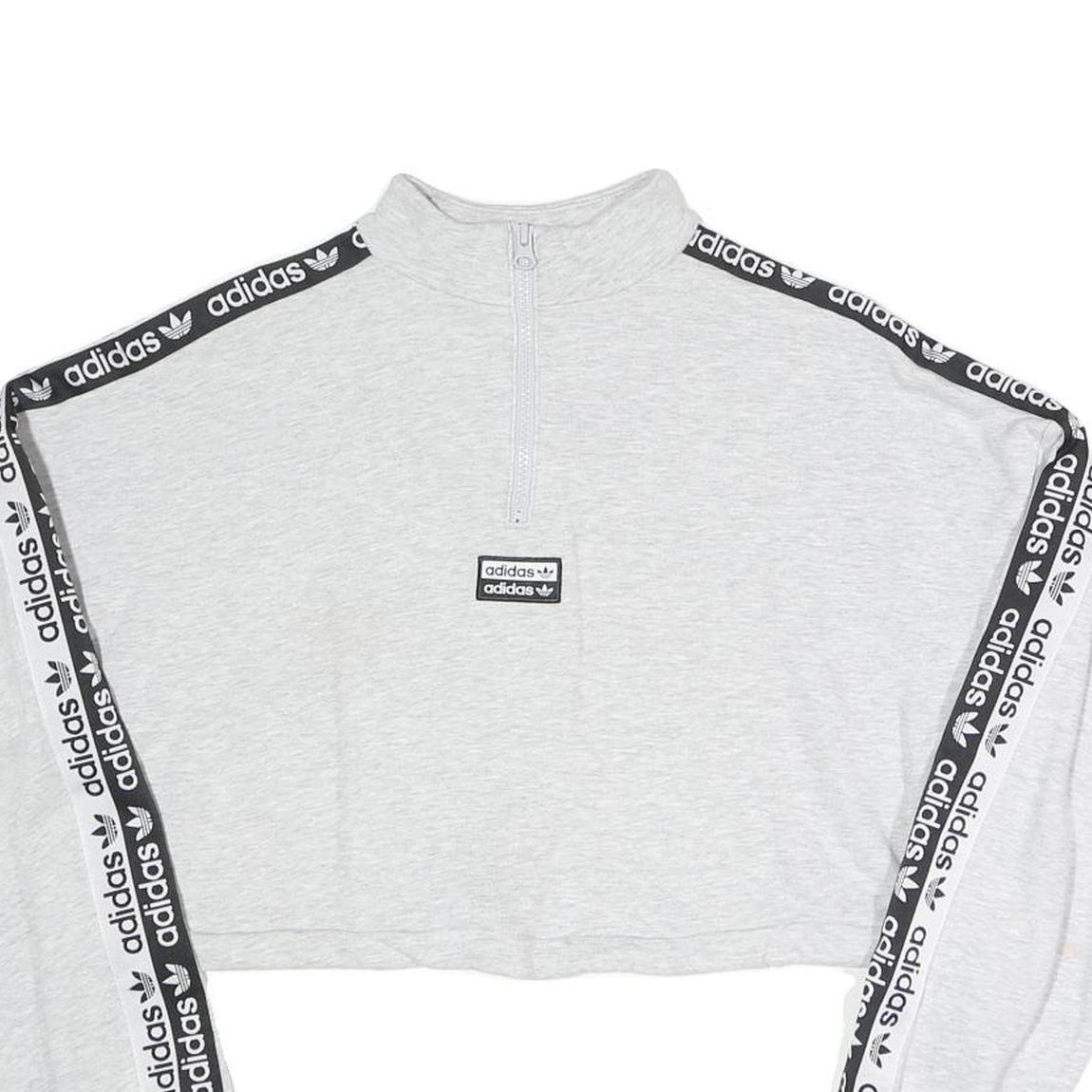 ADIDAS Womens Grey Sweatshirt 1/4 Zip Crop Top UK 8 Sportswear Logo Tape