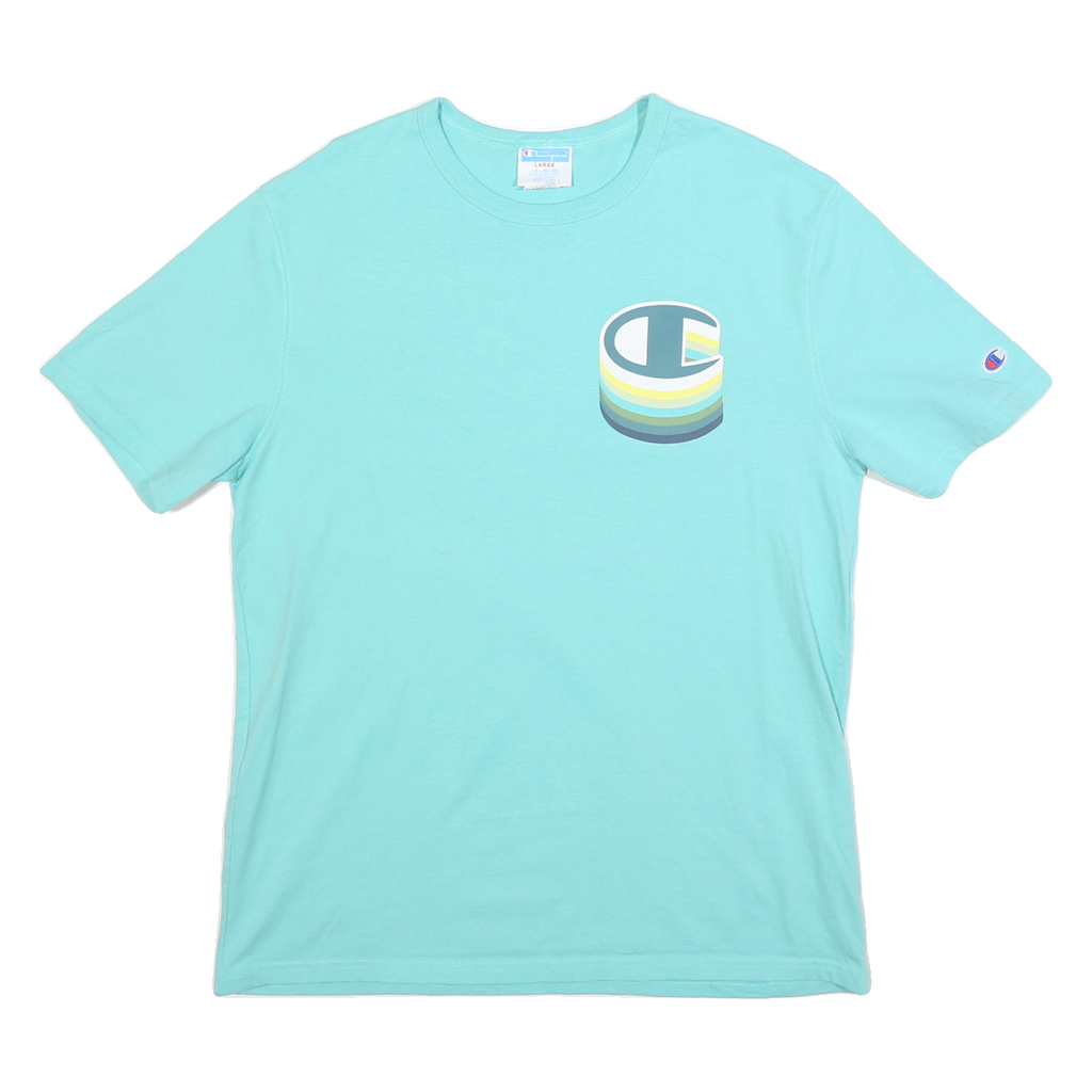 CHAMPION Mens Blue Graphic T-Shirt L Short Sleeve Crew Neck Cotton Casual