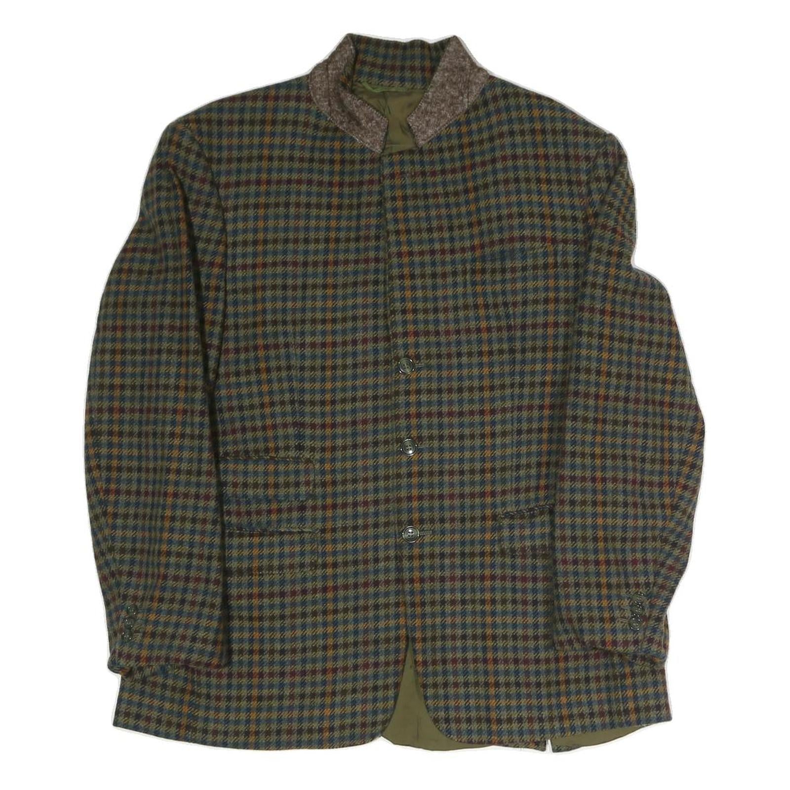 Mens Brown Green Check Button Jacket L Polyester Blend Classic Outerwear