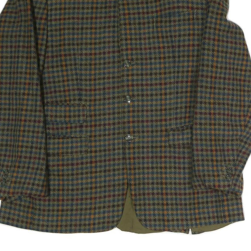 Mens Brown Green Check Button Jacket L Polyester Blend Classic Outerwear