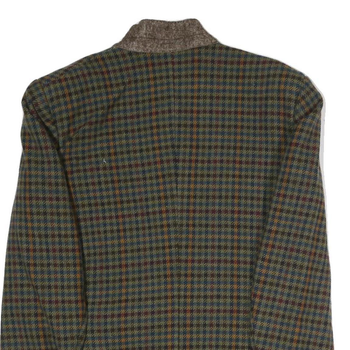 Mens Brown Green Check Button Jacket L Polyester Blend Classic Outerwear