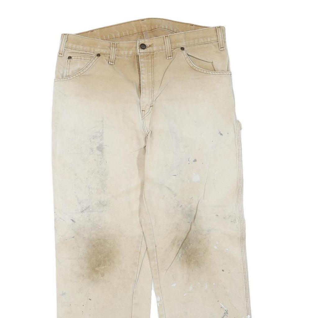 DICKIES Mens Regular Beige Workwear Cotton Blend Trousers W34 L30 Zip Pockets