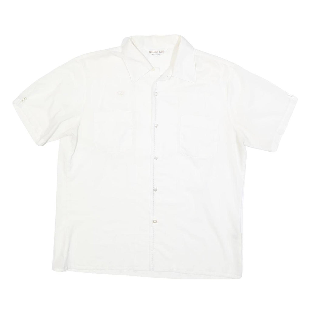 GOLDEN ERA Mens White Button Short Sleeve Shirt L Cotton Blend Summer Casual