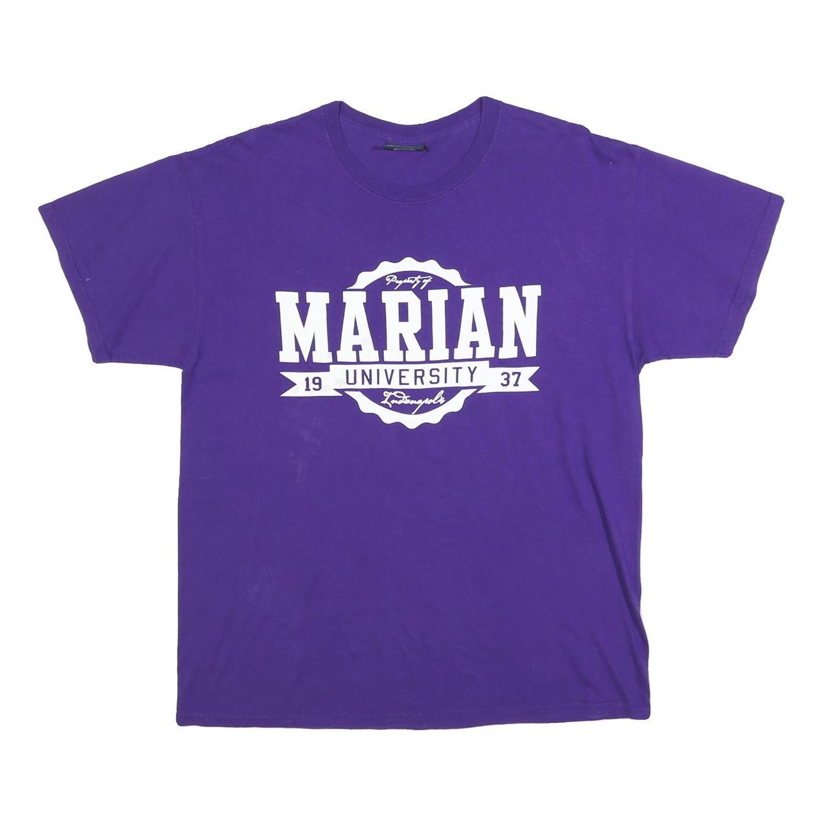MV SPORT Mens Purple Marian University Graphic T-Shirt L Short Sleeve Crew Neck