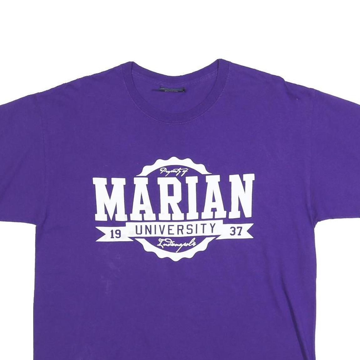 MV SPORT Mens Purple Marian University Graphic T-Shirt L Short Sleeve Crew Neck