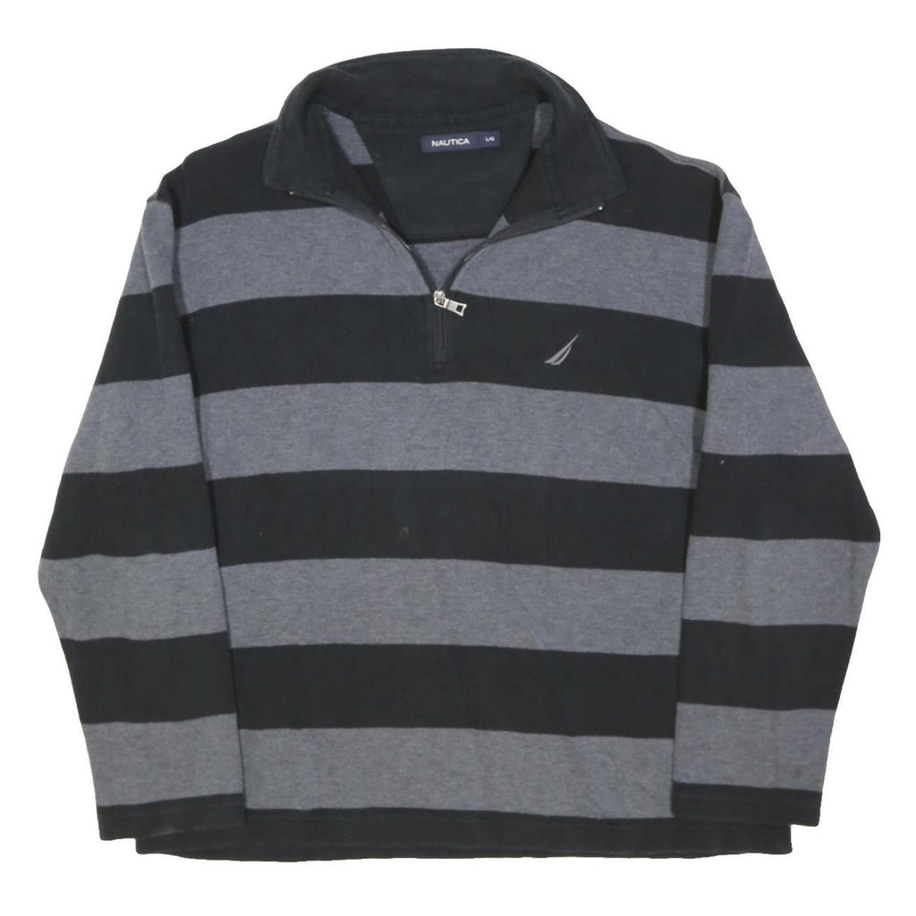NAUTICA Mens Black & Grey Striped Cotton Blend Pullover Jumper L Casual Half Zip