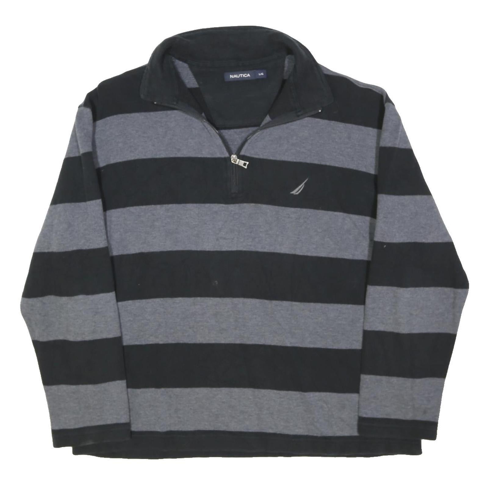NAUTICA Mens Black & Grey Striped Cotton Blend Pullover Jumper L Casual Half Zip