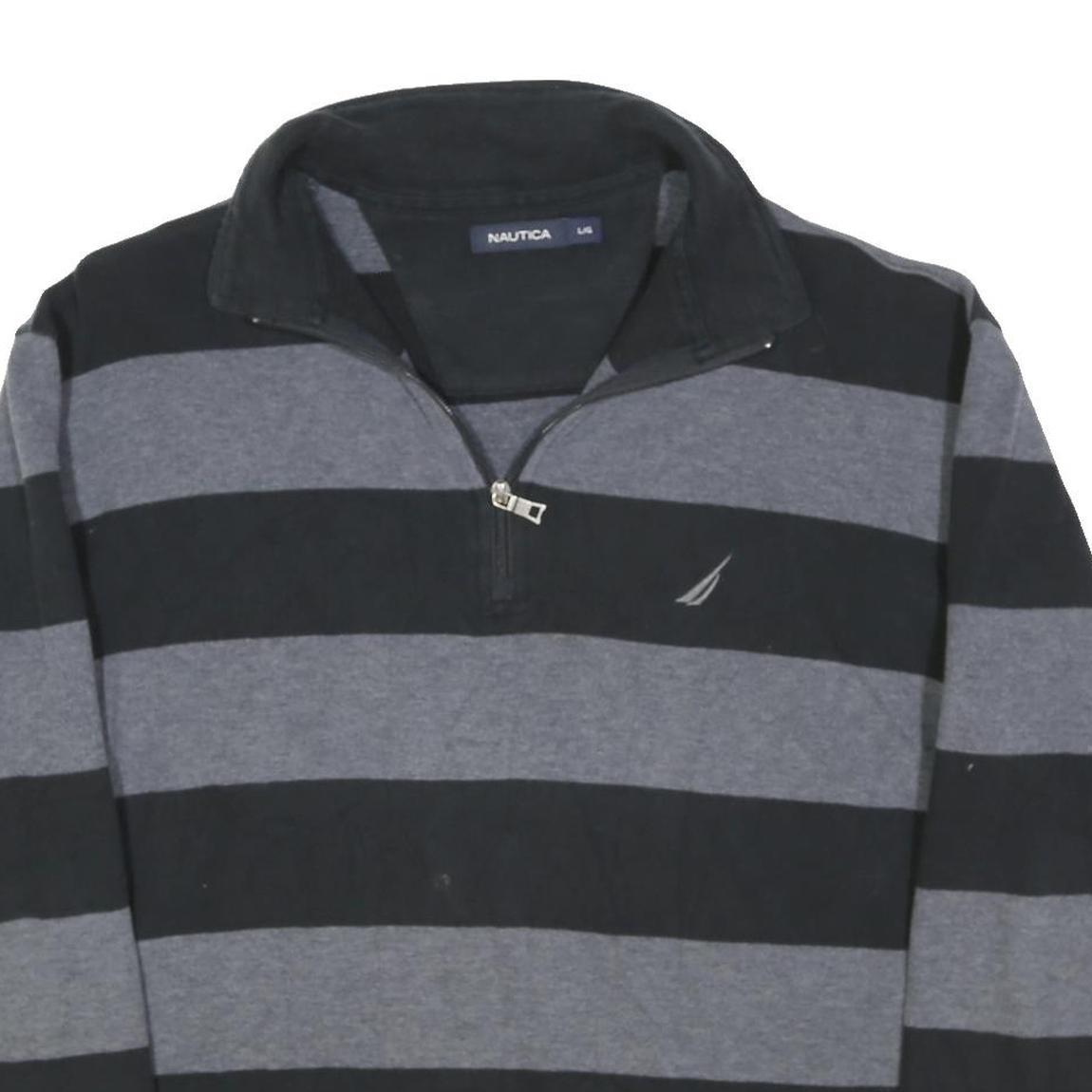 NAUTICA Mens Black & Grey Striped Cotton Blend Pullover Jumper L Casual Half Zip