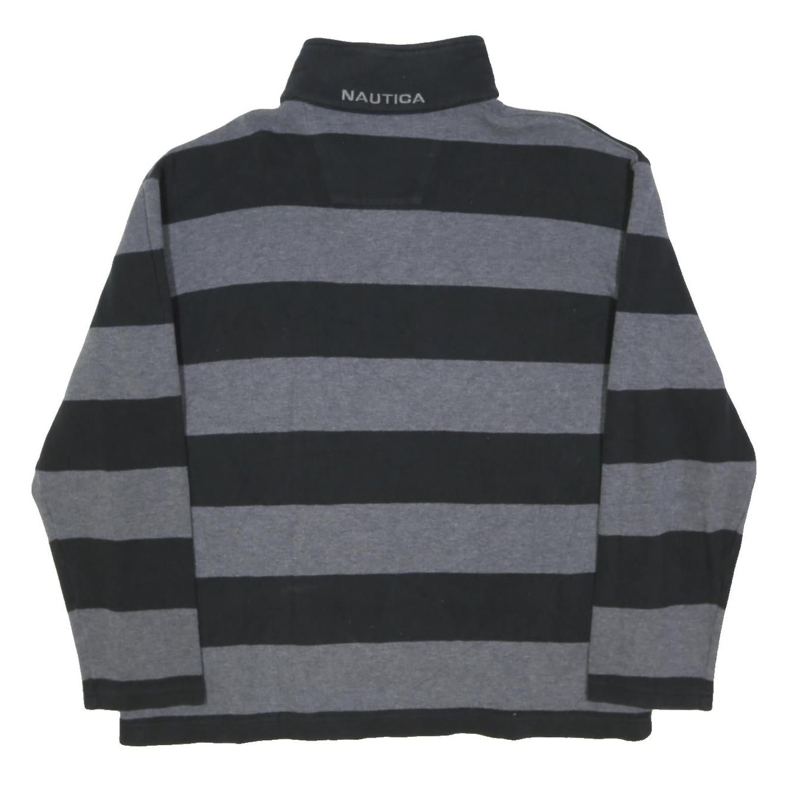 NAUTICA Mens Black & Grey Striped Cotton Blend Pullover Jumper L Casual Half Zip