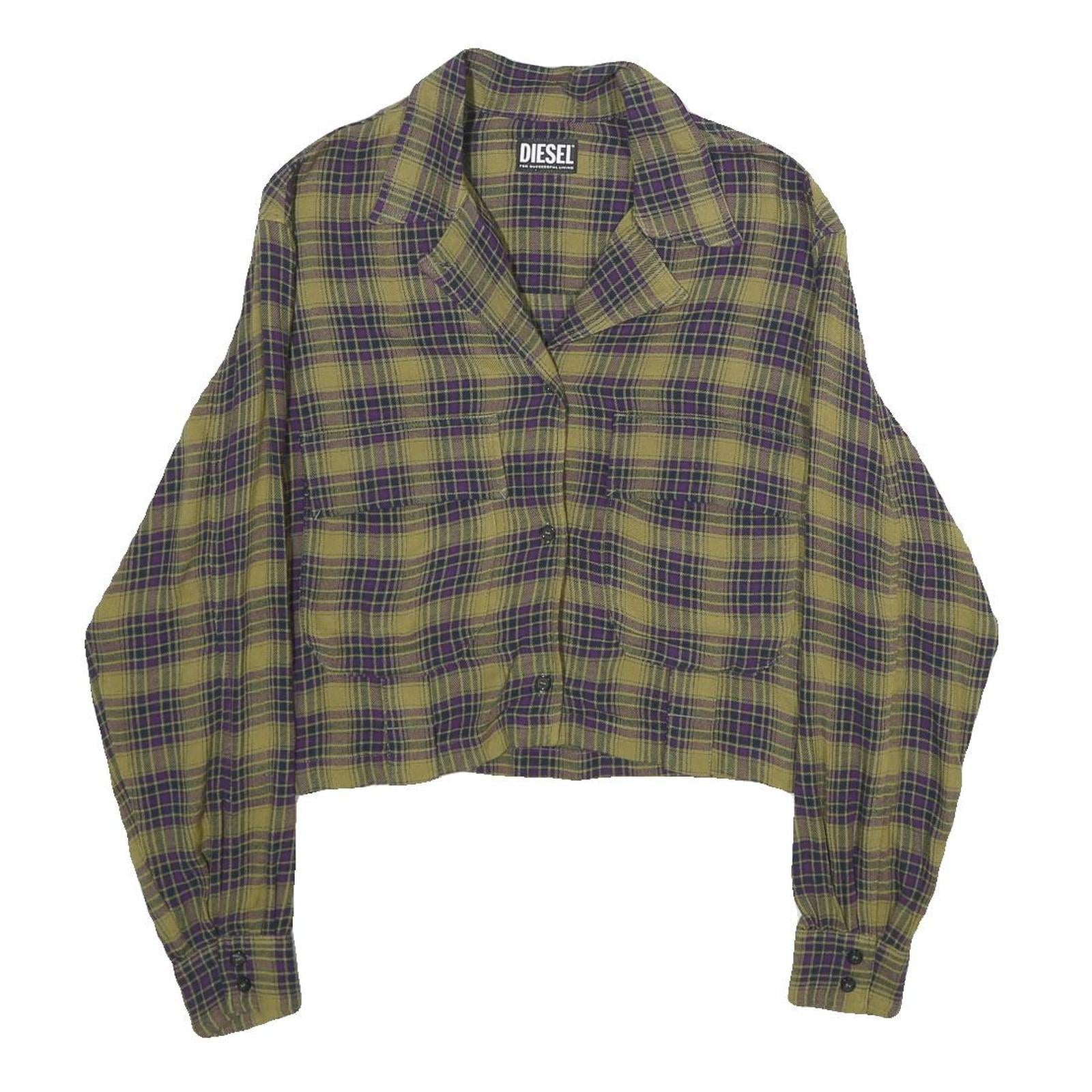 DIESEL Womens Green & Purple Checked Shirt M Cropped Button Front Casual
